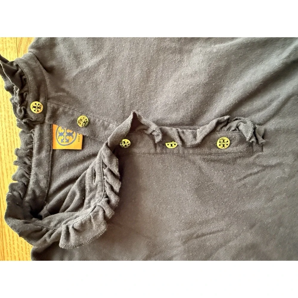 Tory Burch Navy Blue Pima Cotton Ruffle Henley LS Small Top Gold Logo Buttons